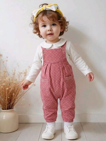 Rose Dot Corduroy Overall Set